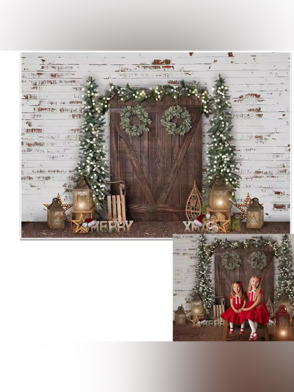 Festive Snowy Fir Garland and Wreath Holiday Backdrop - Green and White
